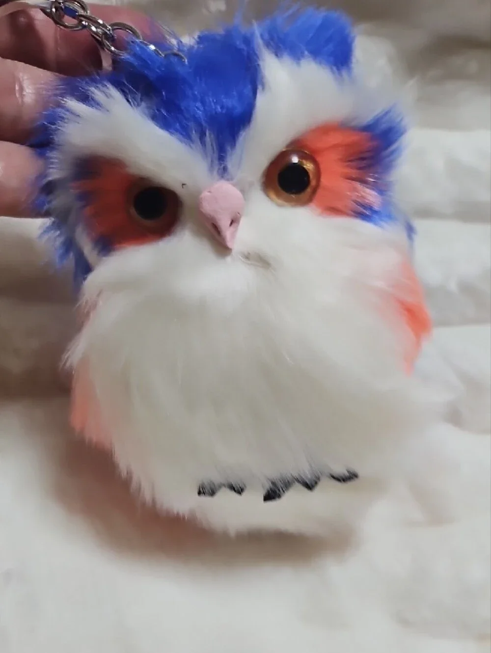 Blue & Peach Faux Fur Owl Keychain Plush. New No Tag